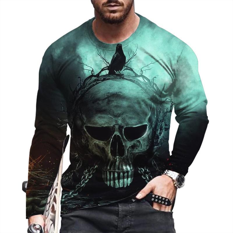 Autumn Winter Men's Pullover Long Sleeve Top Loose Fit Spring Skeleton Youth Men Round Neck Casual T-shirt