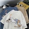 Cat Print Cartoon Trendy Brand Cute Short-Sleeved Hong Kong Style T-Shirt Boys Summer Trend Loose And Versatile Couple Clothes