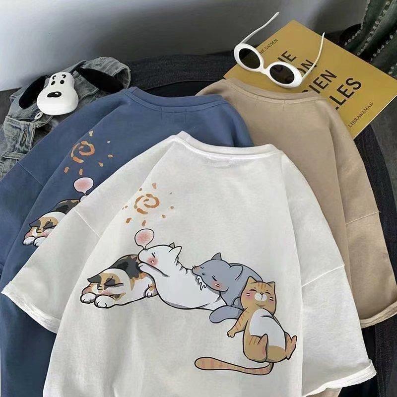Cat Print Cartoon Trendy Brand Cute Short-Sleeved Hong Kong Style T-Shirt Boys Summer Trend Loose And Versatile Couple Clothes