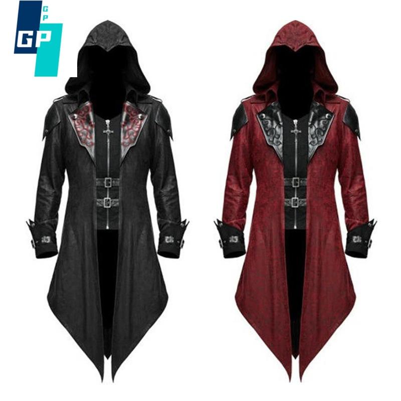 

Мужской стимпанк готический смокинг, плащ, кожаный смокинг с капюшоном и складным вырезом, костюм убийцы на Хэллоуин