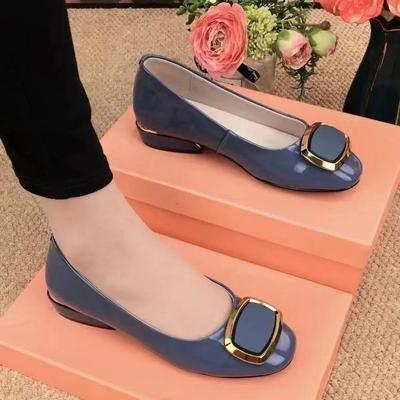 Cow Patent Leather Mesh Red Square Buckle Fashionable and Comfortable Low Heeled Middle Youth Single Shoes