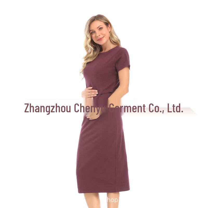 

Elastic Slim Fit Cotton Short Sleeve Maternity Dress for Postpartum Nursing - European & American Summer Fashion, Plus Size XL вина червоного кольору