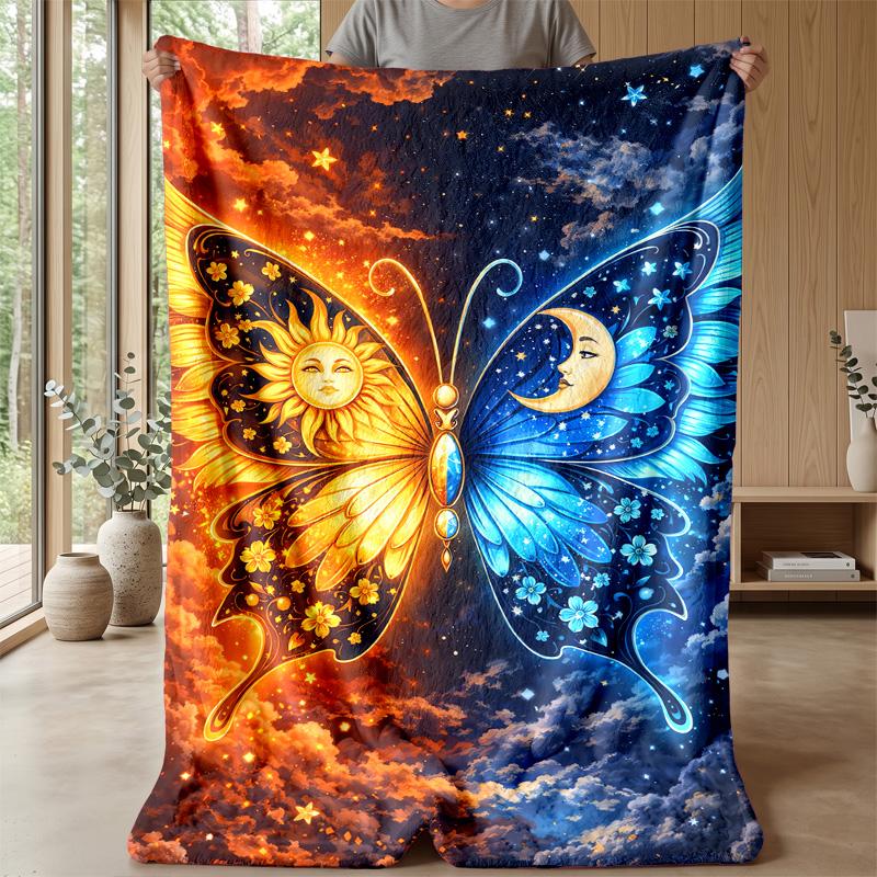 Sun Moon Butterfly Theme Blanket Lightweight Warm Flannel Blanket Decorative Throw Blanket for Home Decoration