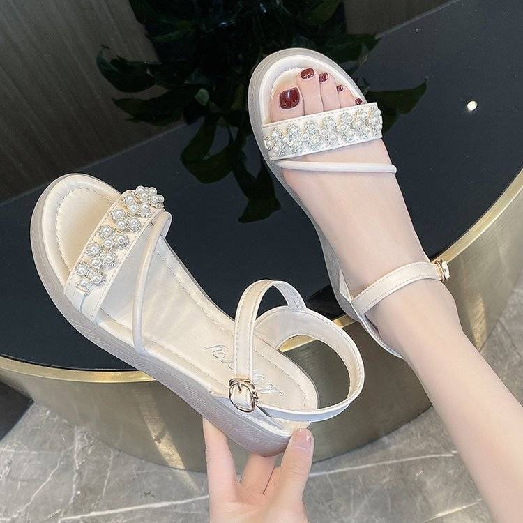 

Sandals for Women Roman Style with Low Heels Woman Shoes Pearl Rhinestones 2025 Luxury Vip Summer Comfortable Wholesale on Offer 40
