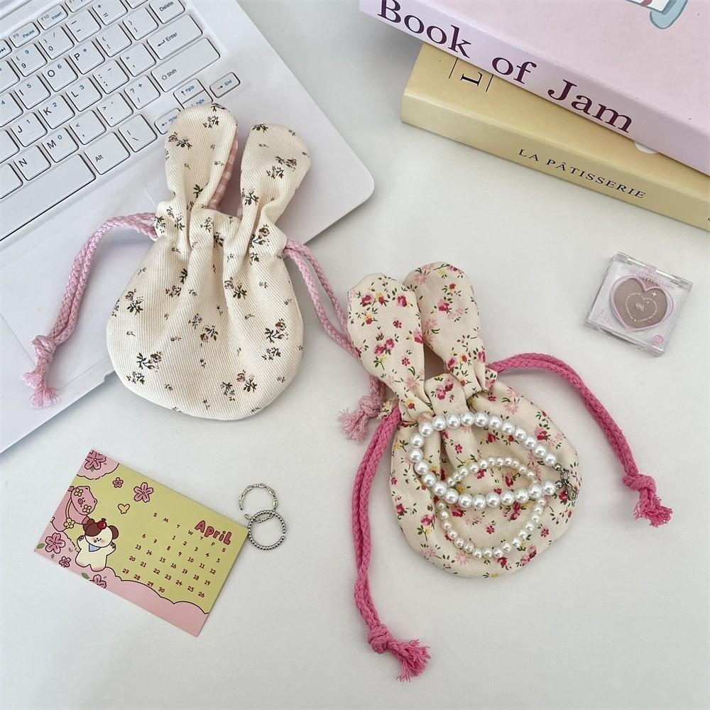 Cute Mini Bunny Ears Storage Bag Portable Multi functional Makeup Storage Bag Drawstring Earphone Coin Purse Travel