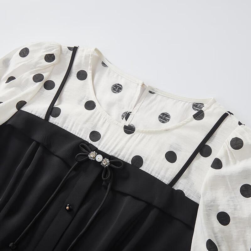 New Chinese Style Knot Button Polka Dot Faux Two-Piece Midi Dress