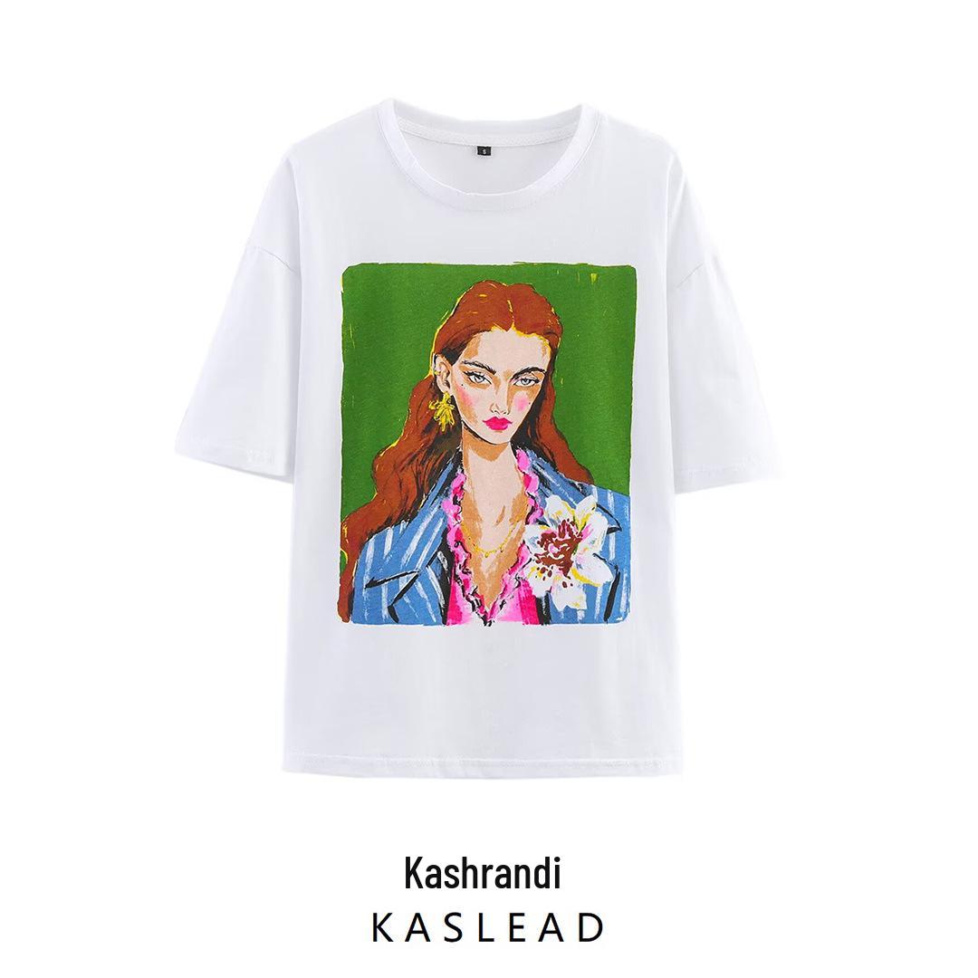

2025 Spring European & American Style Women s Casual Loose Print T-shirt S
