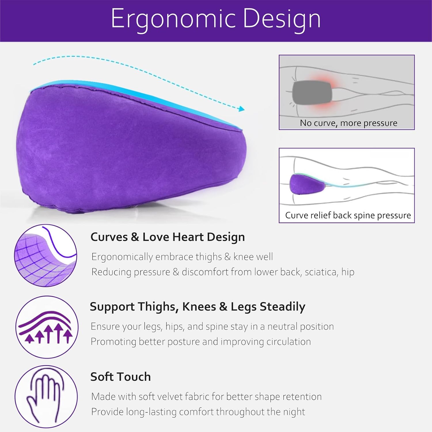Knee Pillow for Side Sleepers, Leg Pillow for Side Sleeping Velvet Soft Fabric, Inflatable Travel Pillow for Thigh Sleep Support, Side Sleeper Pillow