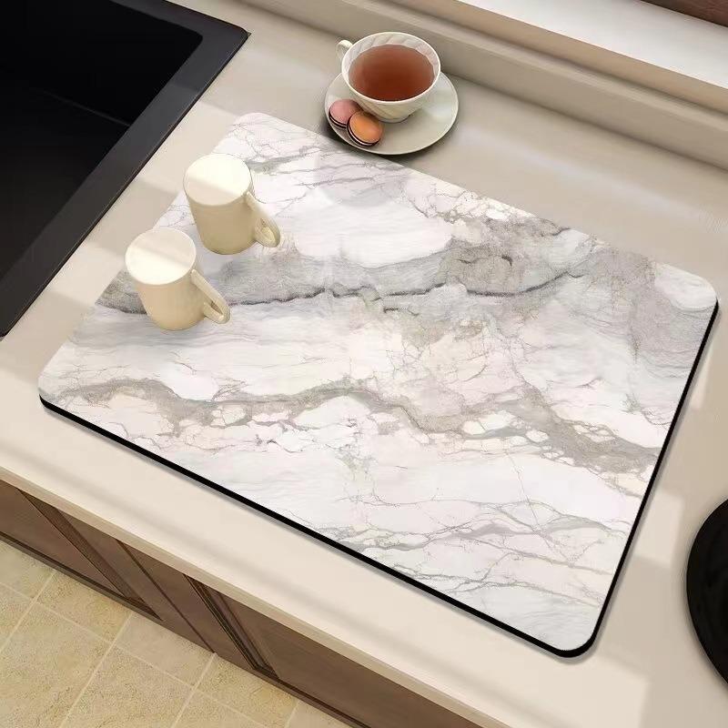 Marble Print Super Absorbent Kitchen Mat Drying Mat Quick Dry Drain Pad Tableware Mat Non-slip Dinnerware Coffee Placemat