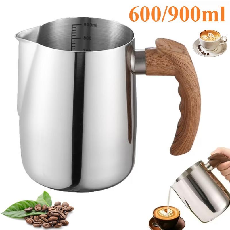 

Чашка для вспенивания молока и кофе объемом 600/900 мл, кувшин для вспенивания молока с внутренней шкалой и деревянной ручкой, носик без подтекания, чашка для латте-арта