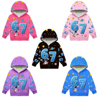 Children Girls Steal a Brainrot 67 Printed Hooded Zipper Long Sleeves Jacket Coat