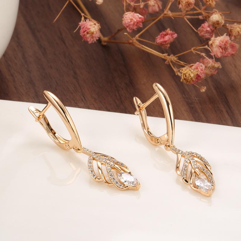 Rose Gold Color Leaf Long Dangle Earrings For Women Fashion Natural Zircon Accessories Daily Fine Vintage Jewelry