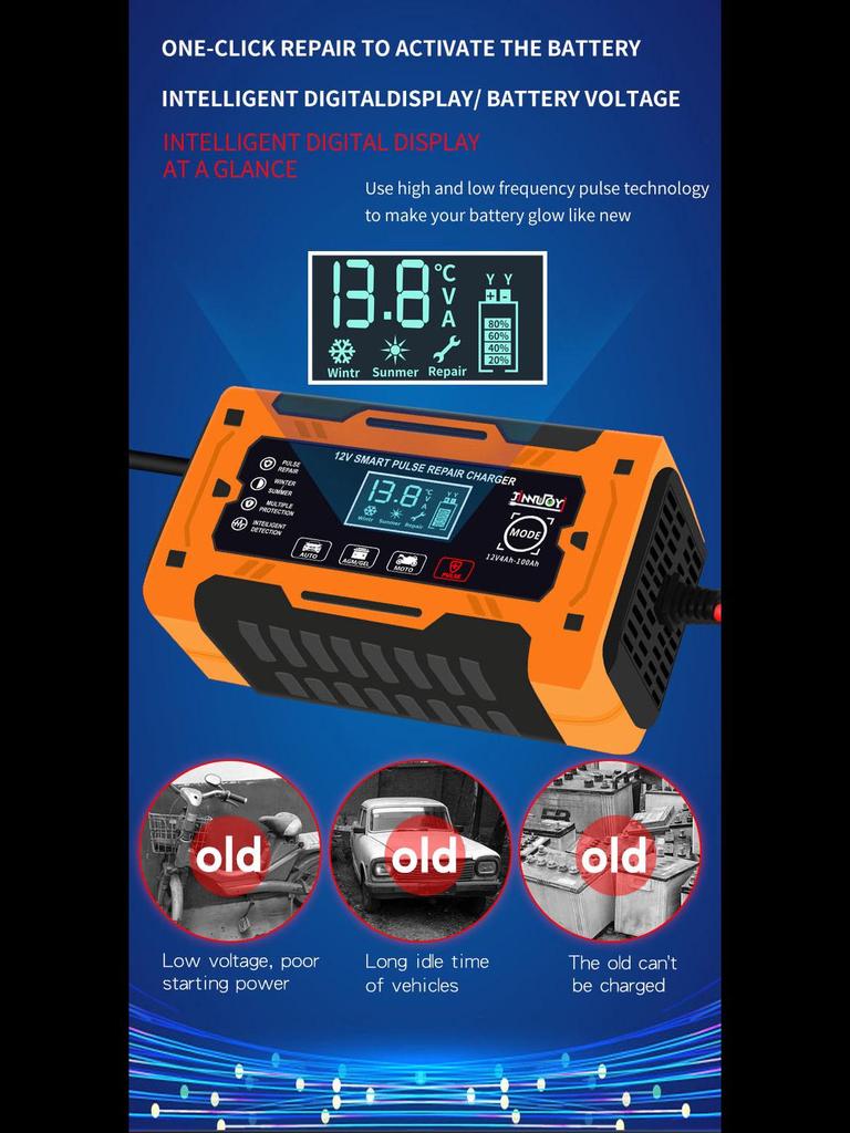 Intelligent 12V Pulse Repair Battery Charger with Screen Display for Motorcycle and Car
