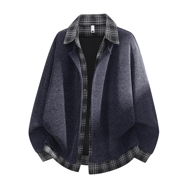 Men Fake Two Piece Plaid Spliced Shirt Jacket Loose Lapel Long Sleeve Casual Coat