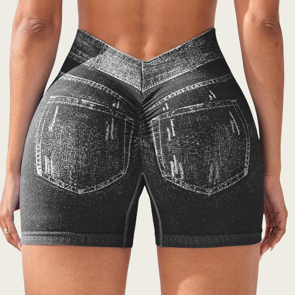 Shorts de Yoga Sexy Sans Coutures Imitation Denim pour Femmes Leggings de Sport pour la Course à Pied Féminins Ruchés Skinny Gym Fitness Pantalon Court