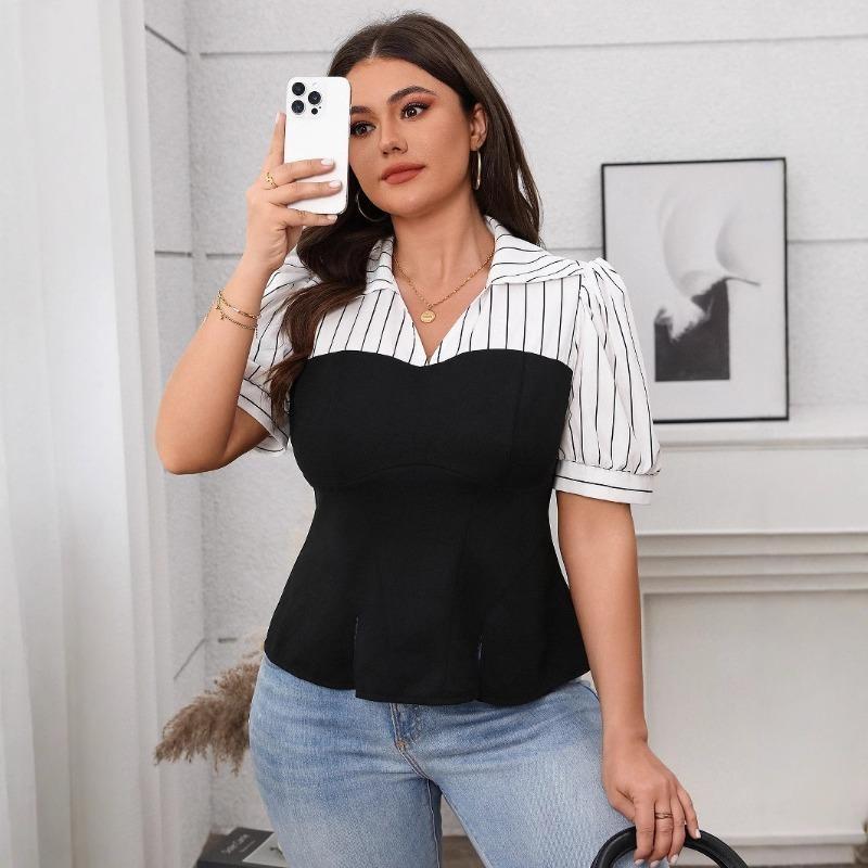 Plus Size Women's Summer Striped Patchwork Thin Short Sleeved Top