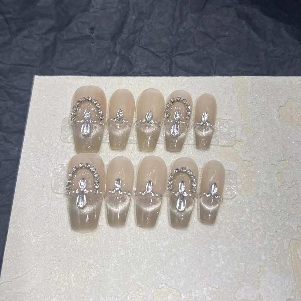Wearing Armor Pure Handmade Manicure Finished Product Fake Nail Patch Nude Color Highlight Silver Cat Eye Flashing Bead Curtain Diamond