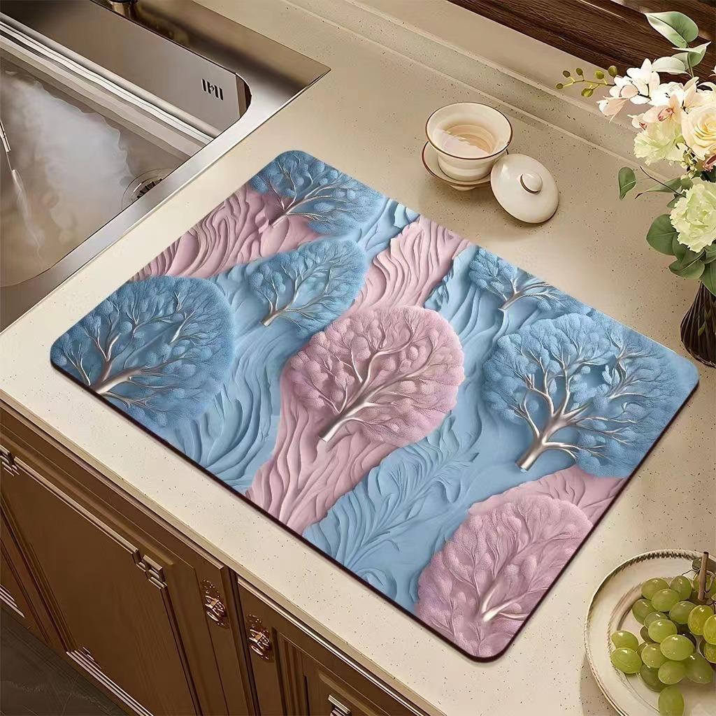 Flower Printed Drain Pad Rectangular Coffee Machine Drying Mat Absorbent Drain Dish Pads Tableware Sink Rugs Placemat