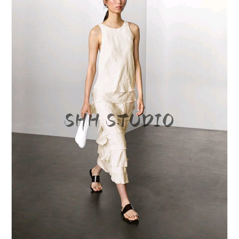 MD Spring/Summer New Arrival Women's Clothing Normcore Stylish Elegant Drape Vest Dress Tiered-Ruffle Long Dress 6681530
