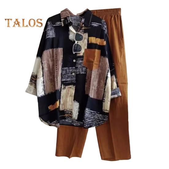 

Женский комплект из 2 шт./компл., рубашка, брюки, красочный принт с лацканами, однобортная блузка с длинными рукавами, широкие брюки, свободные брюки с эластичной резинкой на талии, женский повседневный повседневный комплект L кофейный