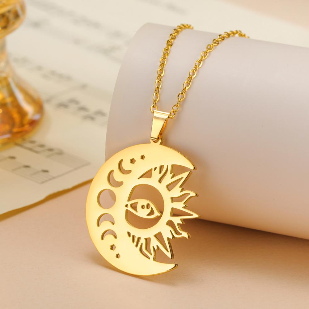 Dawapara Sun and Moon Phase Necklace Crescent Moon Pendant Stainless Steel Jewelry Valentine's Day Gift