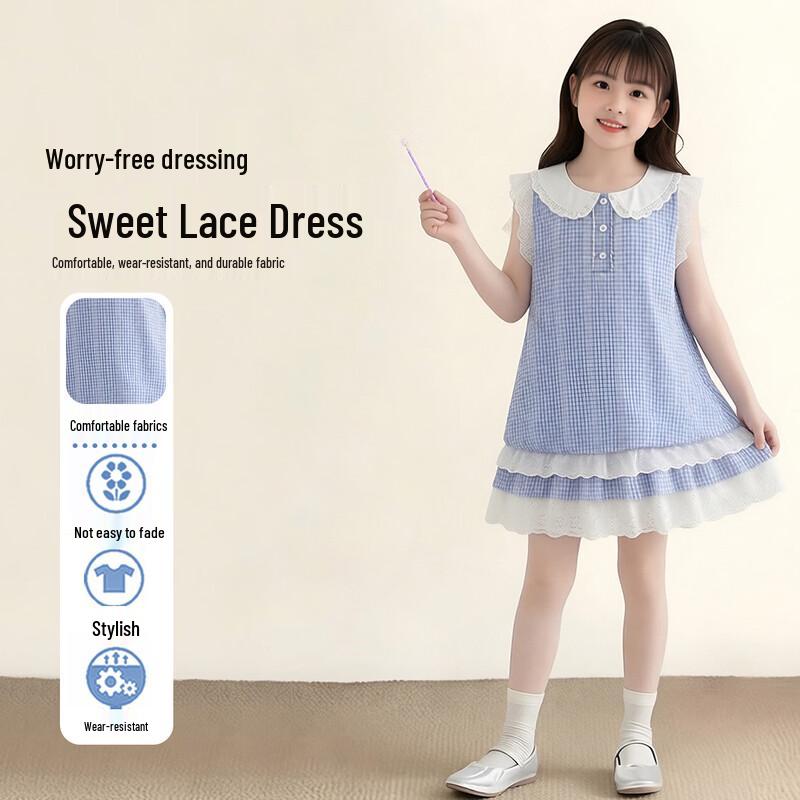 Girls Summer Blue Plaid Sleeveless Dress 170