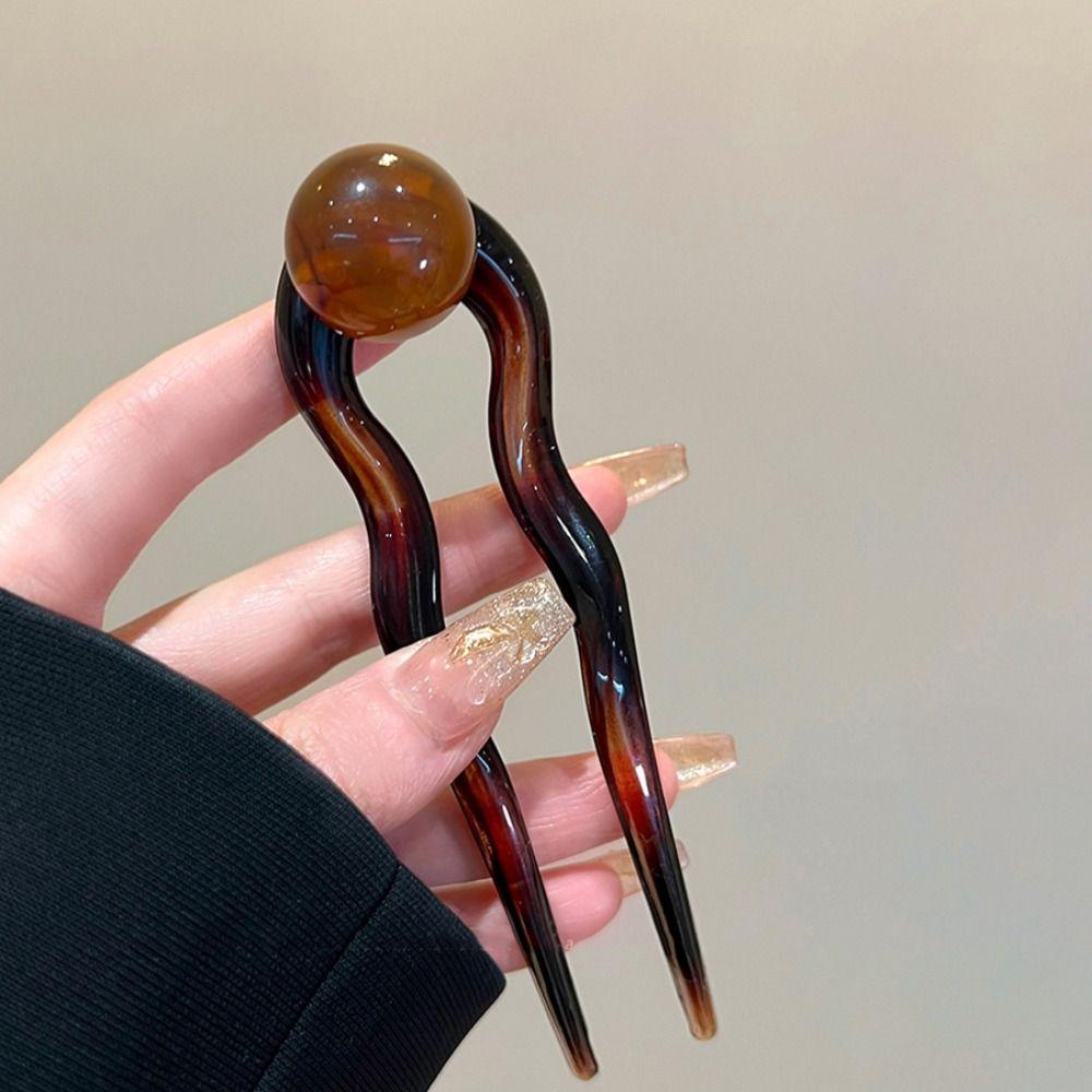 Korean Style Bead Hair Stick Acrylic Pan Hair Fork Elegant U-shaped Hairpin Girls