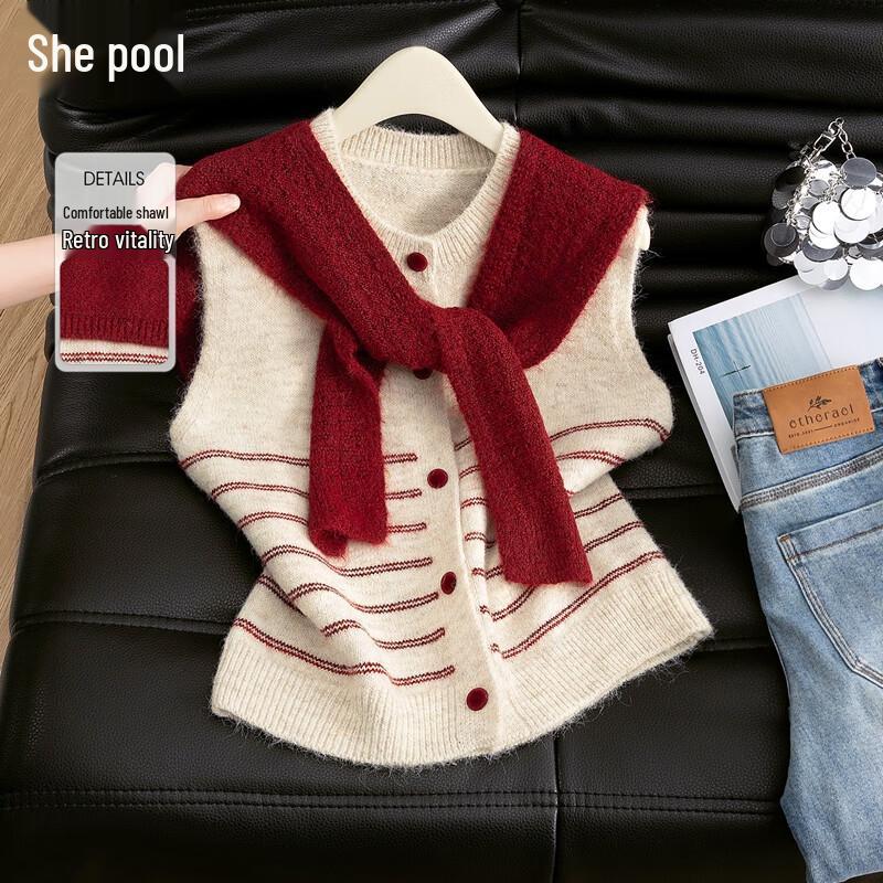 

Женский вязаный жилет с круглым вырезом, в полоску, колор-блок, из смесовой шерсти One Size