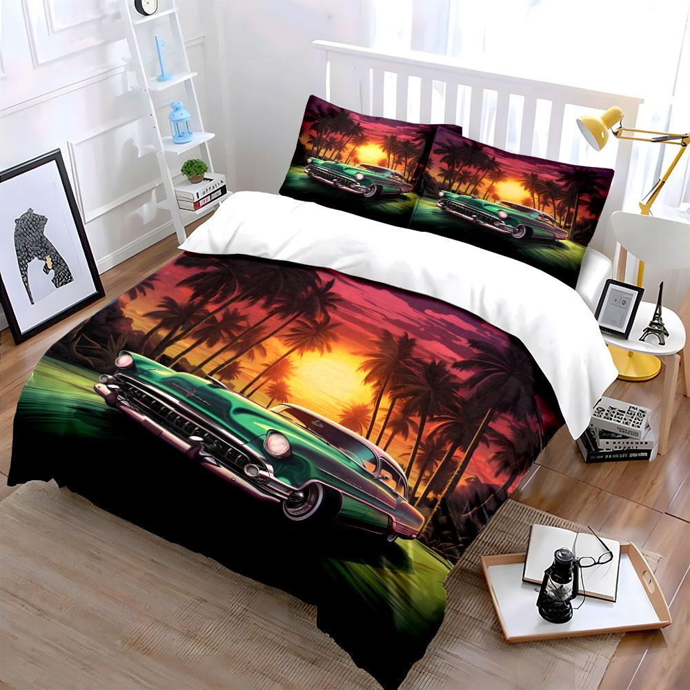 Classic car under sunset Bedding Set for Kids Luxury Gift 3pcs Digital Print Comforter Set Soft Comfortable Breathable
