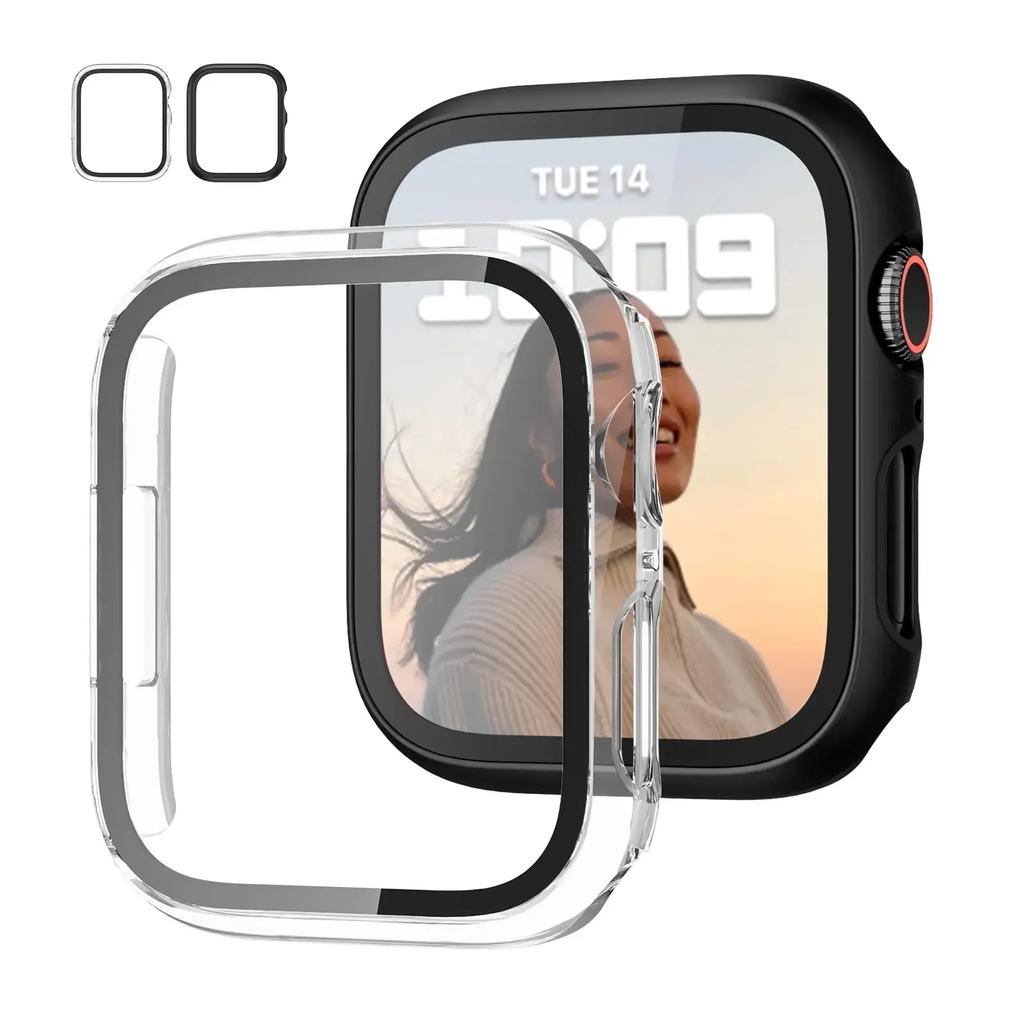 2PCS Tempered Glass+cover For Watch Case 44mm 40mm 42mm 41mm 45mm PC bumper Screen Protector iWatch series 9 8 7 6 5 3 se