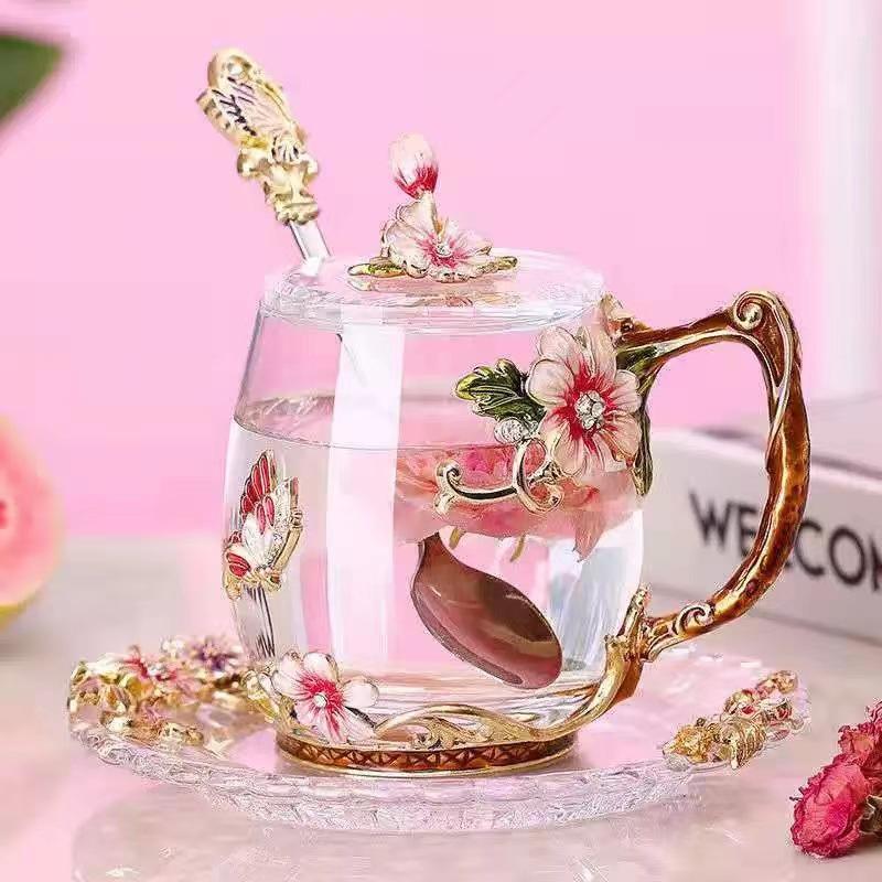 Petite tasse à thé en émail marguerite, petit verre peint à fleurs fraîches, ensemble de tasses à thé cadeau transparentes pour la maison