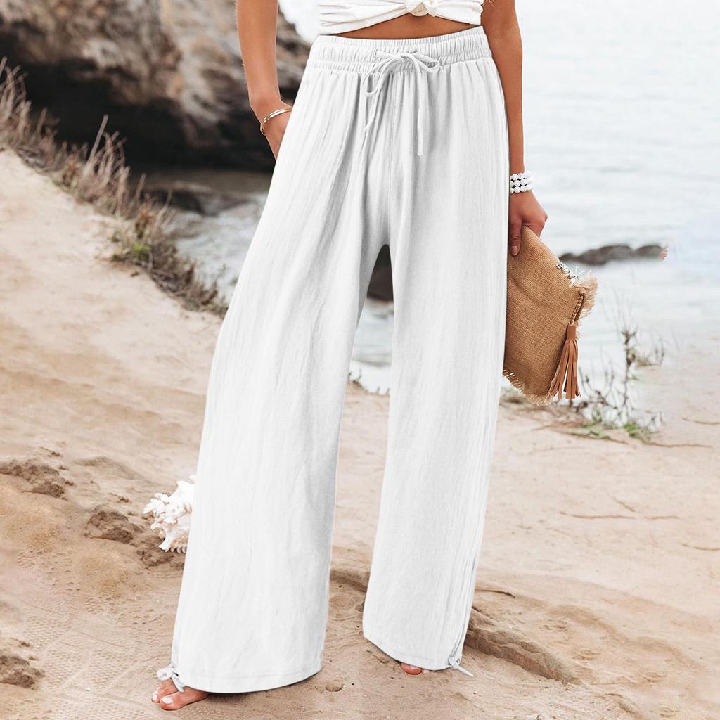 Bohemian Solid Color Drawstring Beach Pants - New Loose Casual Trousers