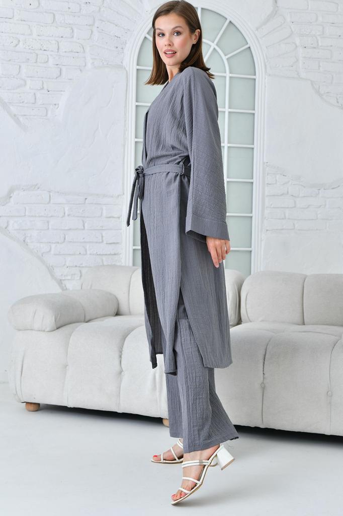 Women's Fashion Big Size Green Slit Woven Trousers and Jacket Double Set