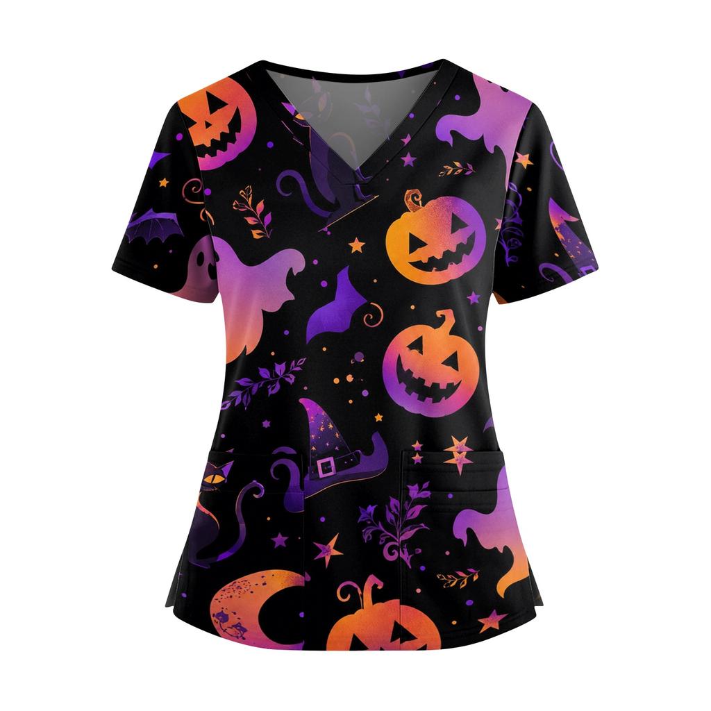 Women's V Neck Short Sleeve Medical Scrub Top with Double Pockets Side Slit Hem Halloween Print Nurse Uniform Shirt