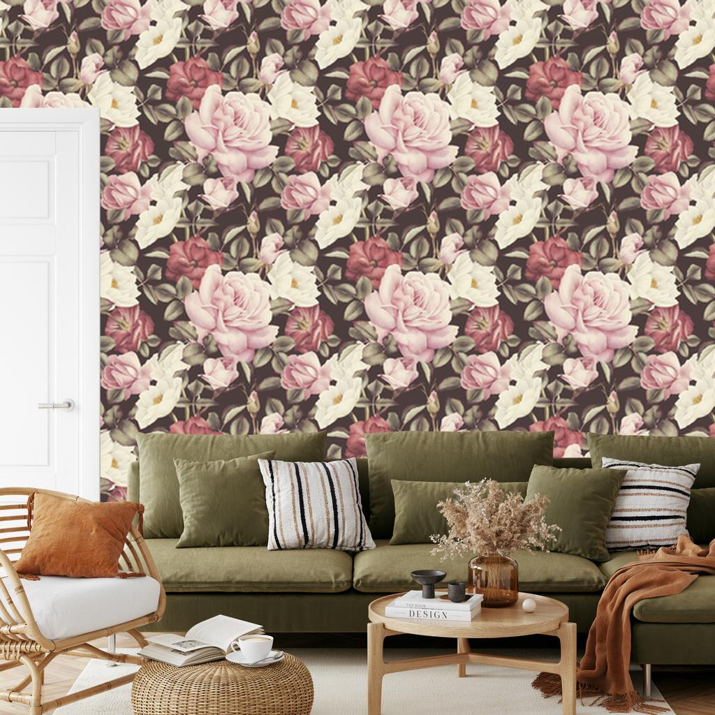 Colorful Roses and Vintage Watercolor Wallpaper 50x1000