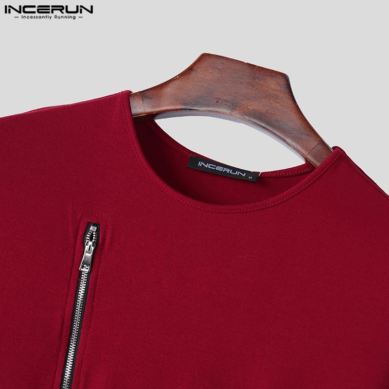 INCERUN Men Round Neck Short Sleeve Zip-up Hem Casual Slim Summer T-shirts Tops