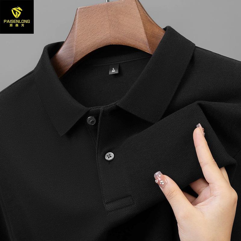 Autumn And Winter Lapel Slit Men'S Polo Shirt 100% Pure Cotton Hexagonal Beads Double-Sided Men'S Polo Shirt Long Sleeve