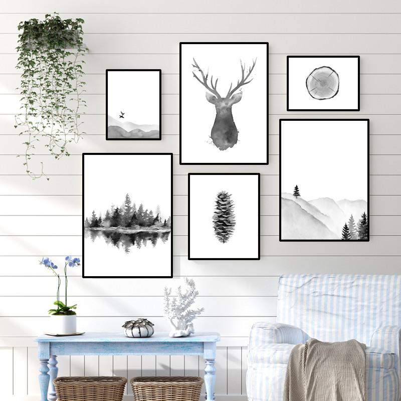 

Модный черный, белый цвет с принтом листьев, лесной пейзаж, постер с оленем, холст, искусство, красота, настенная картина, современный домашний декор HD0001