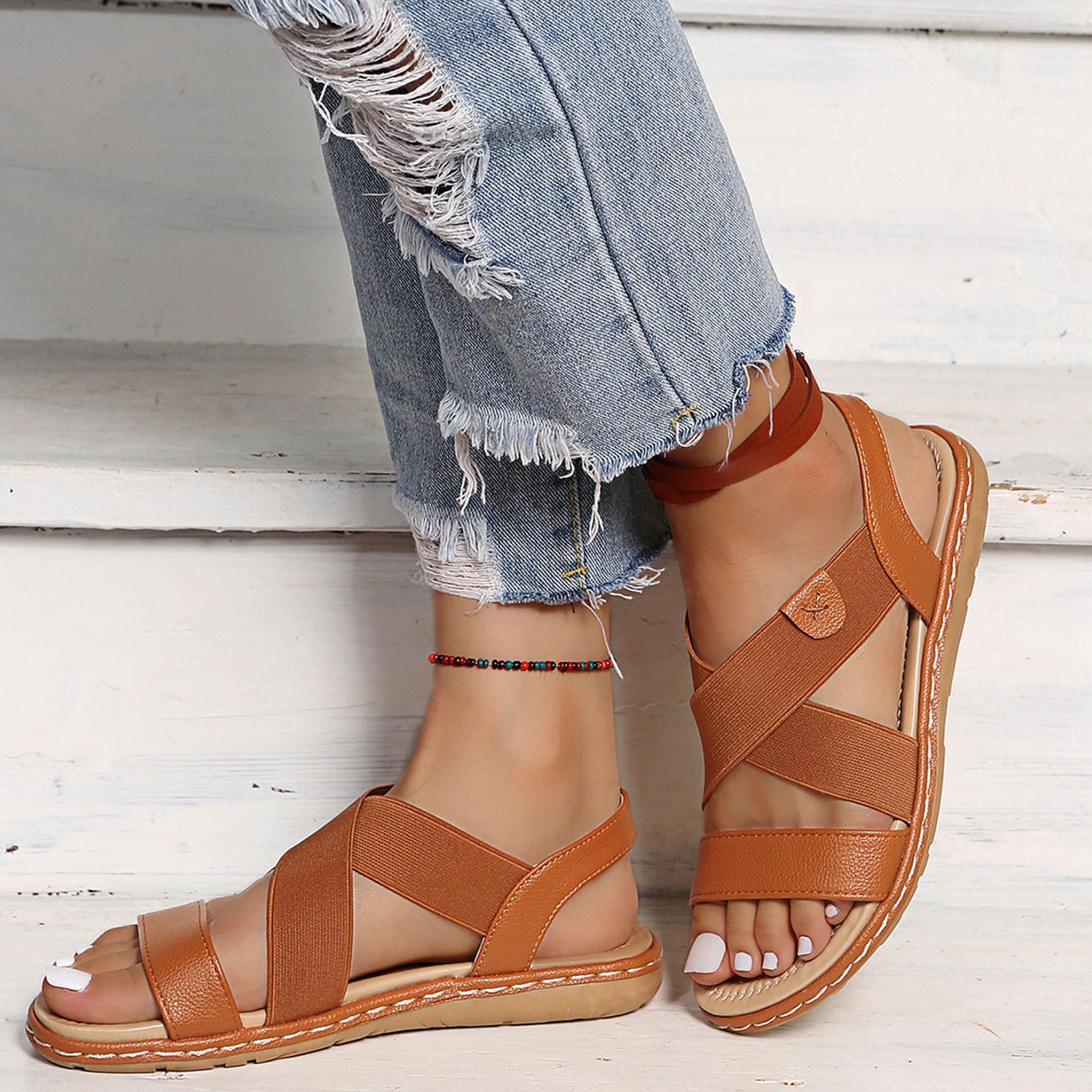 

Женская однотонная повседневная пляжная обувь с эластичной лентой на плоской подошве, сандалии, женская обувь 37 коричневый