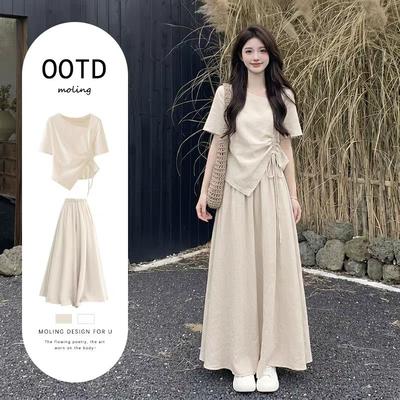 2026 New Korean Summer Wear Generous and Decent, Beautiful, No Collision Shirt Pants Skirt Pinched Waist Trouser Skirt Set