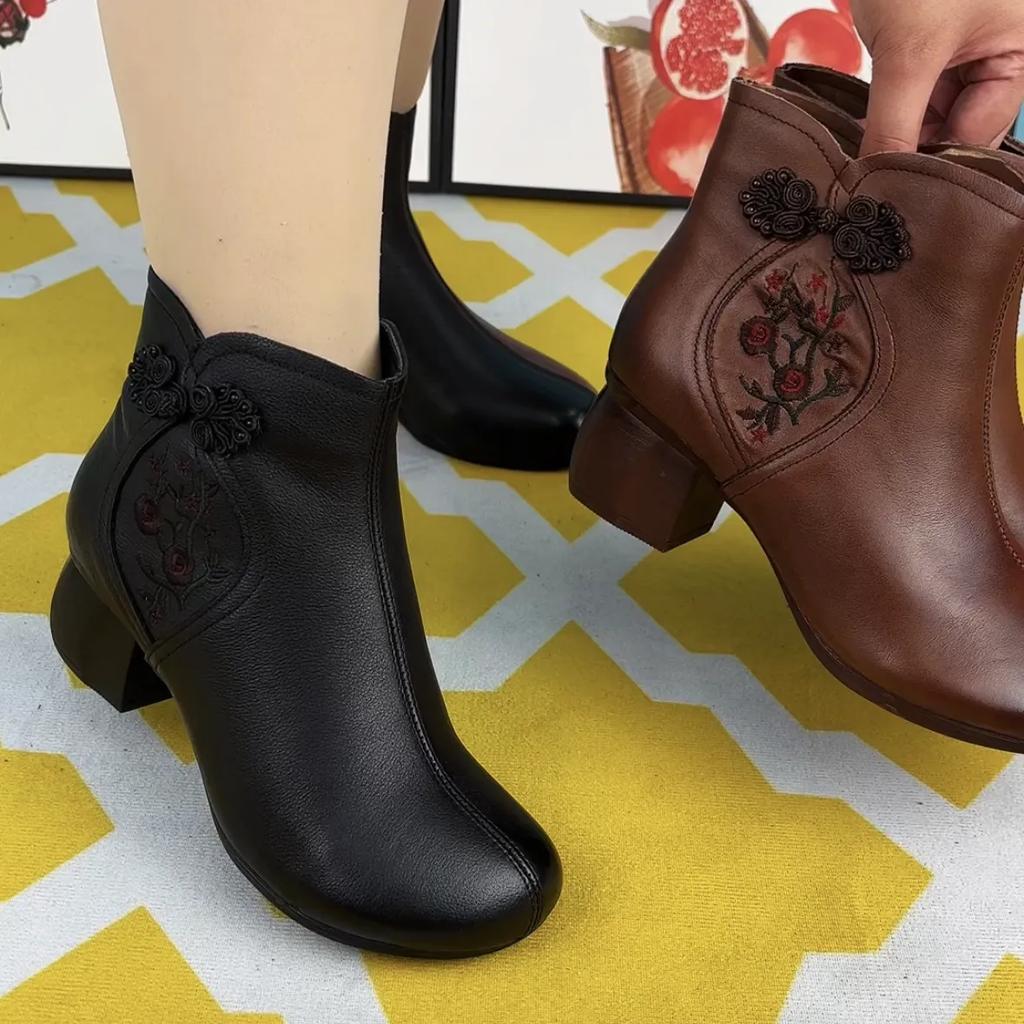 PU Winter Ethnic Style Embroidered Thick-heeled Round-toe Short Boots Retro Plus Velvet Warm Cotton Boots Women