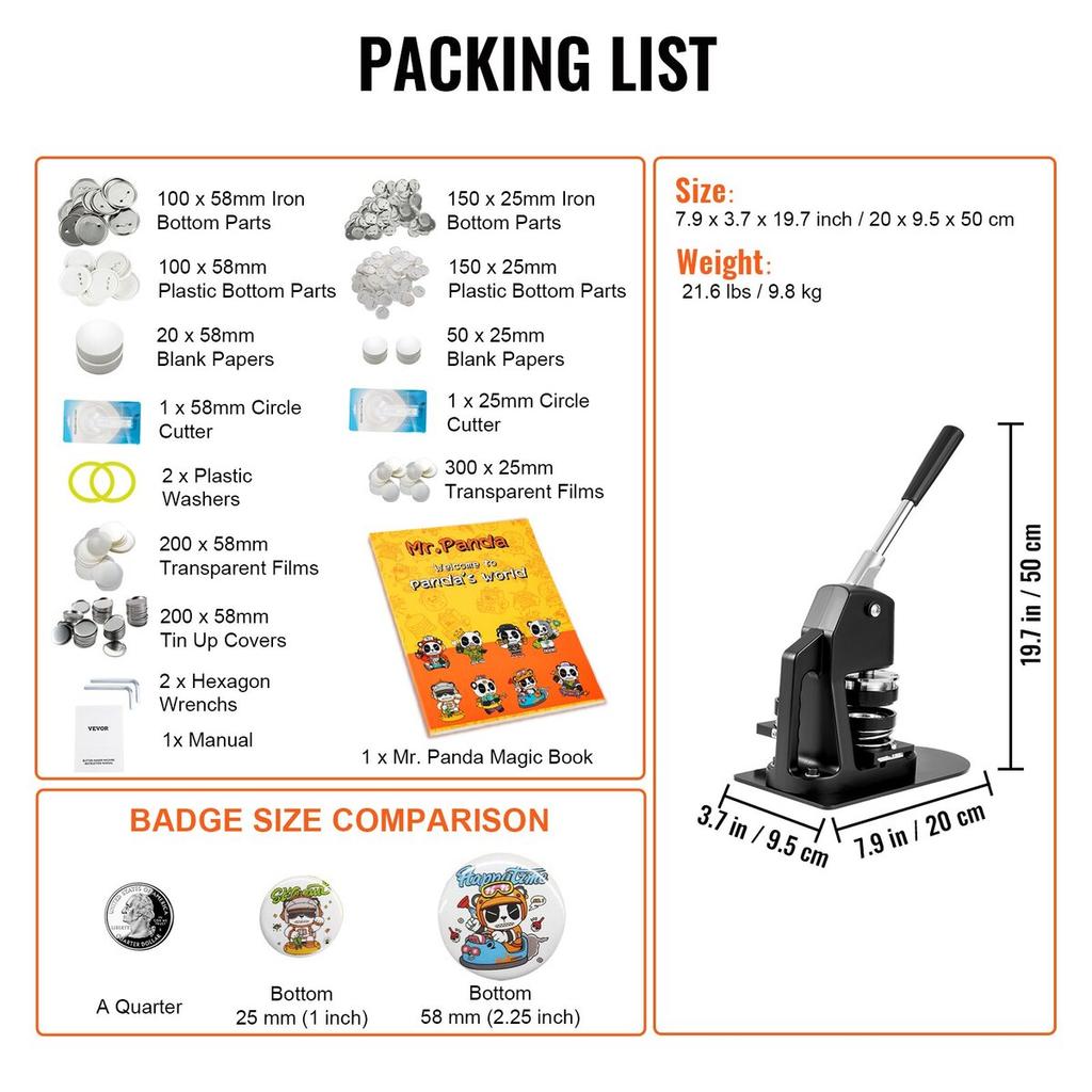 Button Maker Machine, Multiple Sizes 1+2.25 Inch Badge Punch Press Kit, Children DIY Gifts Pin Maker, Button Making Supplies with 500pcs Button Parts