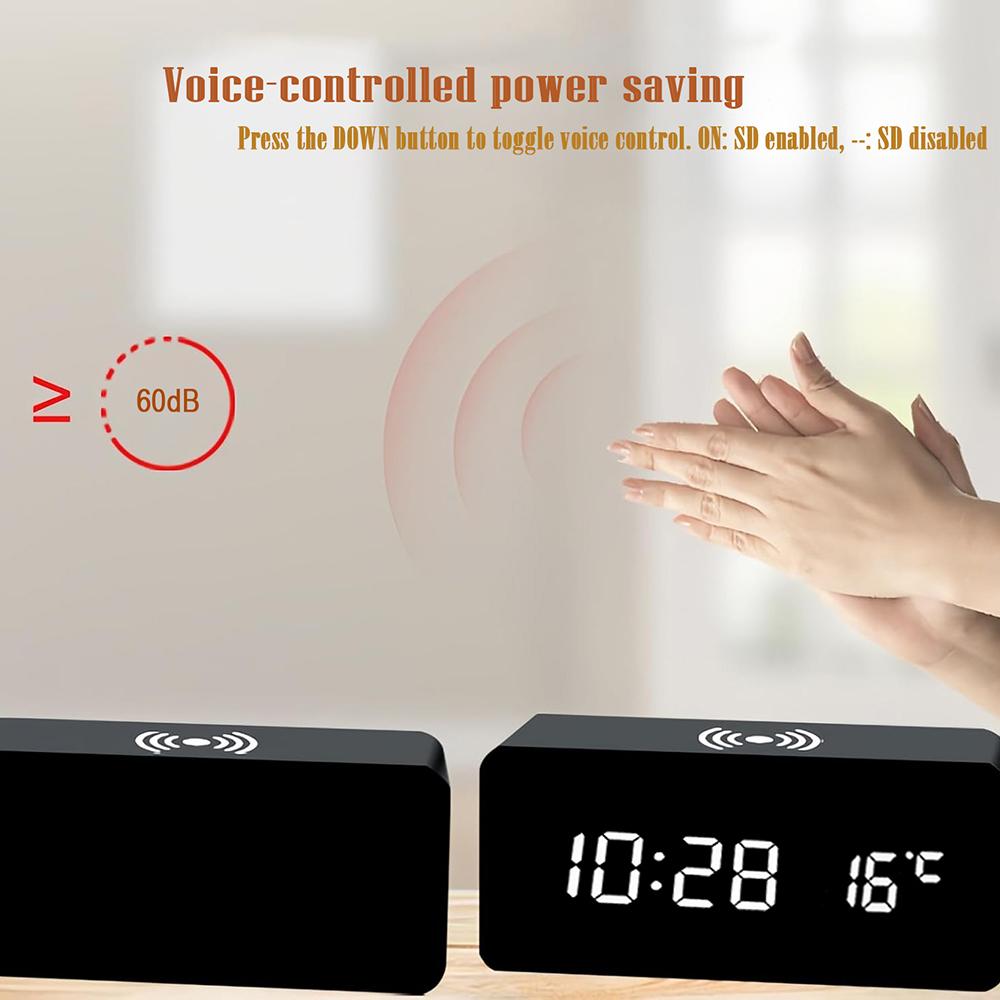 Wooden Digital Alarm Clock with Wireless Charging Temperature Display LED Desk Clock for Office Bedroom Bedside Décor Gift
