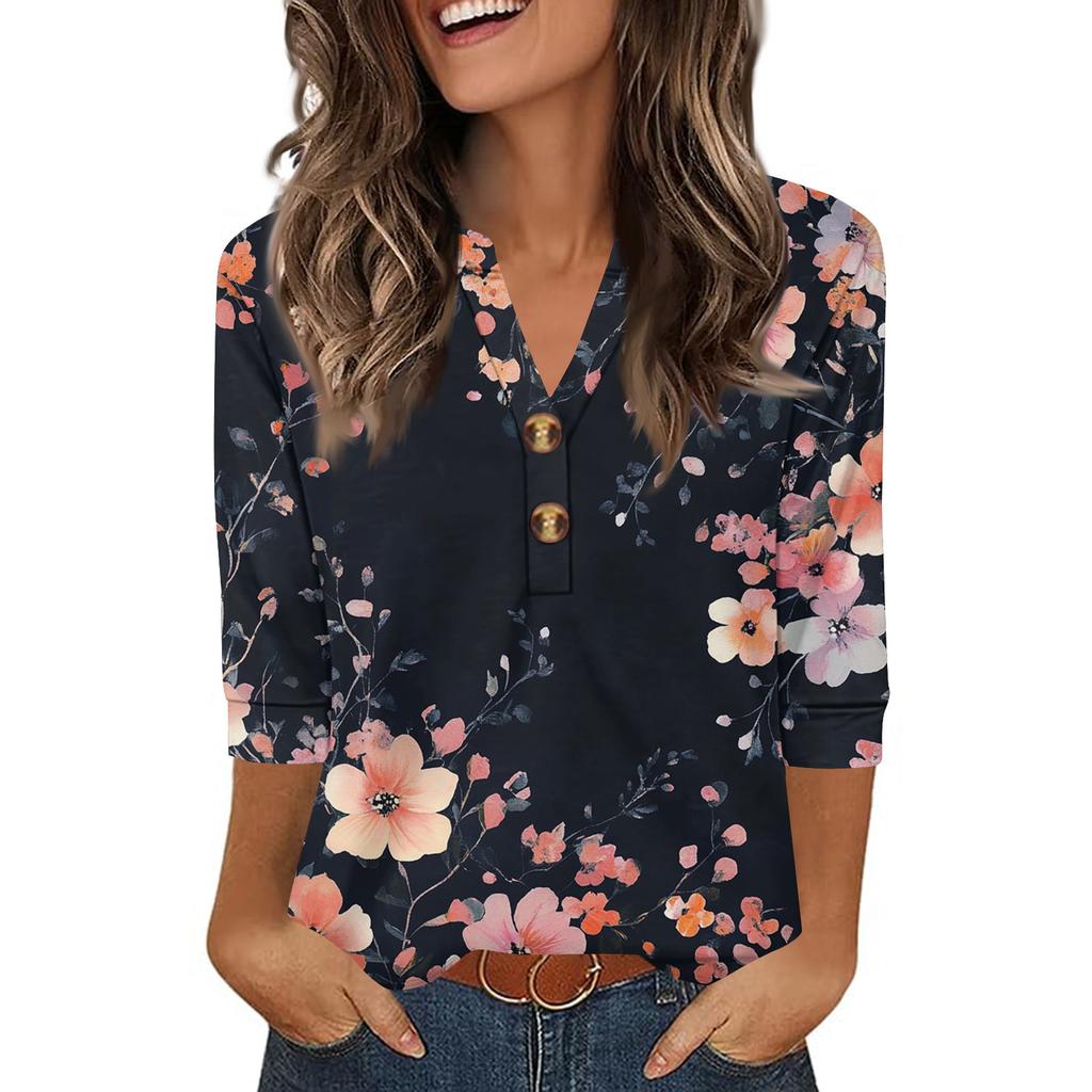Ladies' Fashionable And Casual Floral Printed Three-quarter Sleeve Loose V-neck Button Shirt
