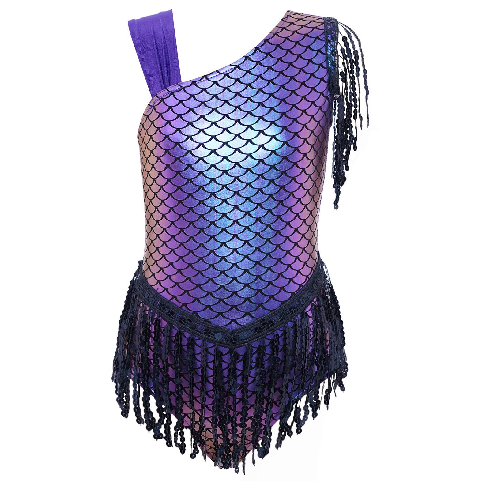 

Girls Sparkling Sequins Fish Scale Leotard Bow Back Tassels Bodysuit Dance Competition Party Outfit 3-4 Years
