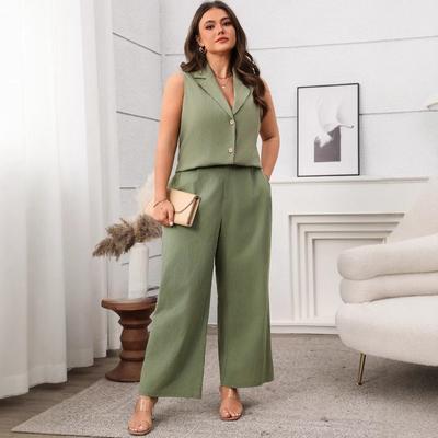 Traje informal de verano para mujer, talla grande, sin mangas, color verde, con pantalones anchos
