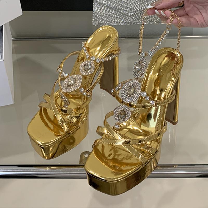 Fashion Liyke Runway Fashion Rhinestone Chain Ankle Strap Gold Sandal Women Elegant Square Toe Platform High Heels Wedding Banquet Shoes