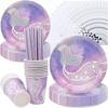 85 Pcs Mermaid Party Tableware Supplies, Kids' Party Tableware, Paper Purple Party Plates Cup Napkins Straws, Mermaid Party Decorations (20 Guests)