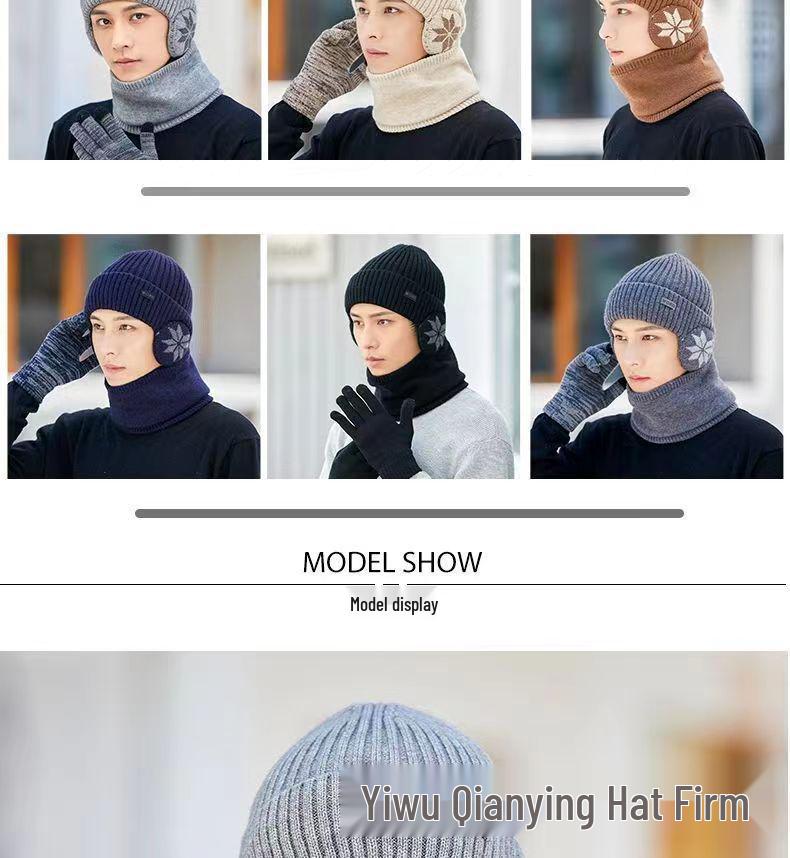 Men's Winter Knitted Wool Hat with Ear Protection, Plus Velvet, Windproof, Warm, Versatile Pullover with Large Brim.