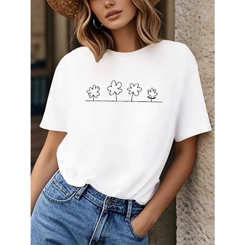 

European Size teediy Women S Minimalist Hand-Drawn Geometric Floral Print Pure T-Shirt - Relaxed Fit Short Sleeve Round Neck Casual Top, Black 4XL